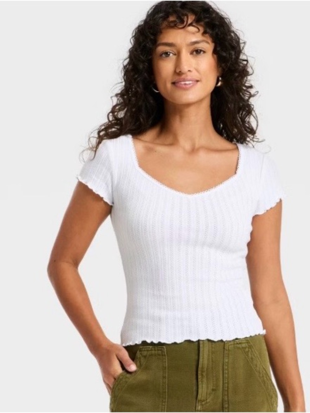 Universal Thread White Ribbed Scoop Short Sleeve Top